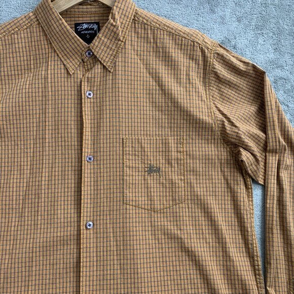 Stussy Shirt Mens Large Button Up Orange Long Sleeve Plaid Check Skater Pocket - Picture 5 of 10